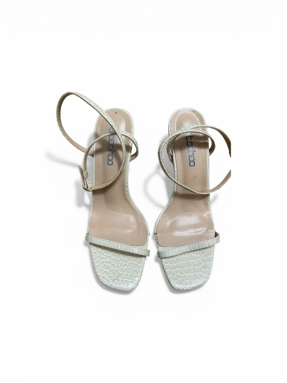 Boohoo Cream Croc-Embossed Ankle Strap Heeled Sandals